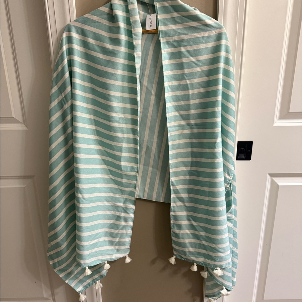 J. Crew Aqua  Blue and White Striped Cape Shaw With Tassels and Arm Holes NWT - Picture 2 of 8